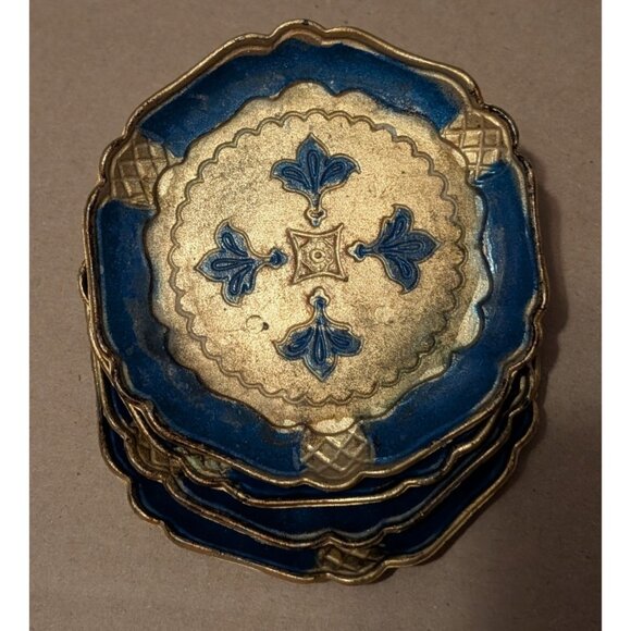 Italian Florentine Blue Gold Resin Coasters Trinket Dishes Set Of 4 4-Inch Round - Picture 8 of 16